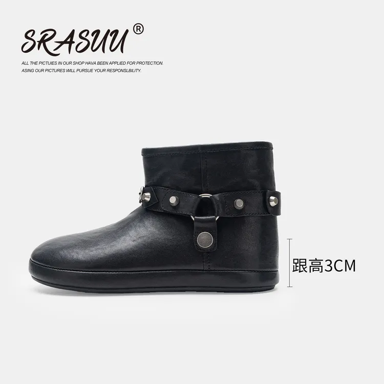 SRASUU/索莱诗新款重工水洗马皮皮毛一体雪地靴时尚两穿保暖短靴