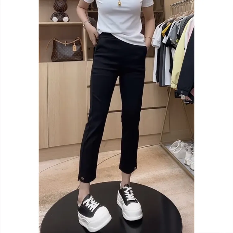艾塔莉弹力黑色烟管裤显瘦女夏季新款胖mm九分裤小脚直筒裤法棍裤