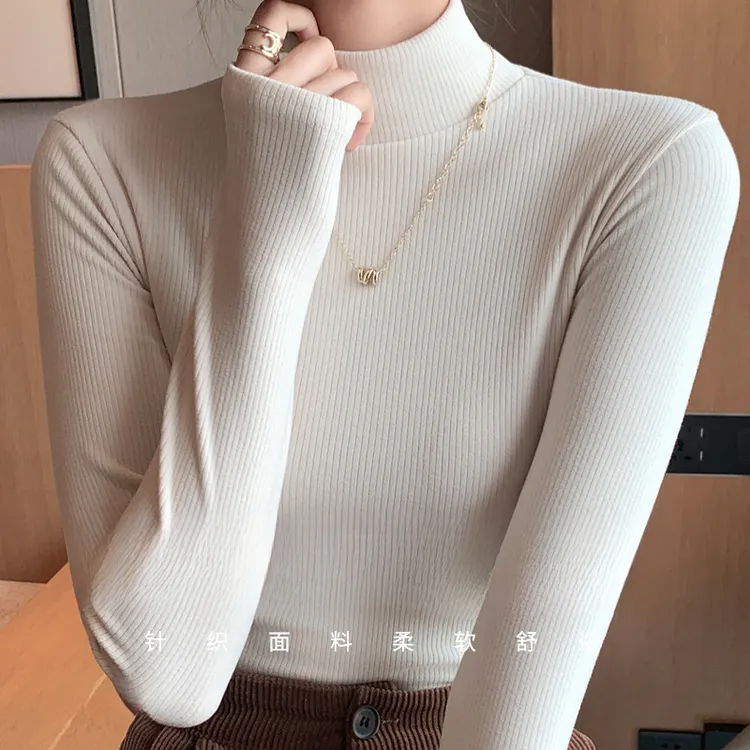 宽条纹纯色半高领针织衫女士内搭打底衫秋冬上衣百搭修身毛衣