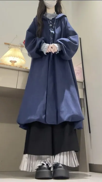 秋冬穿搭一整套韩系针织打底衫刺绣连帽毛呢大衣阔腿裙裤三件套女