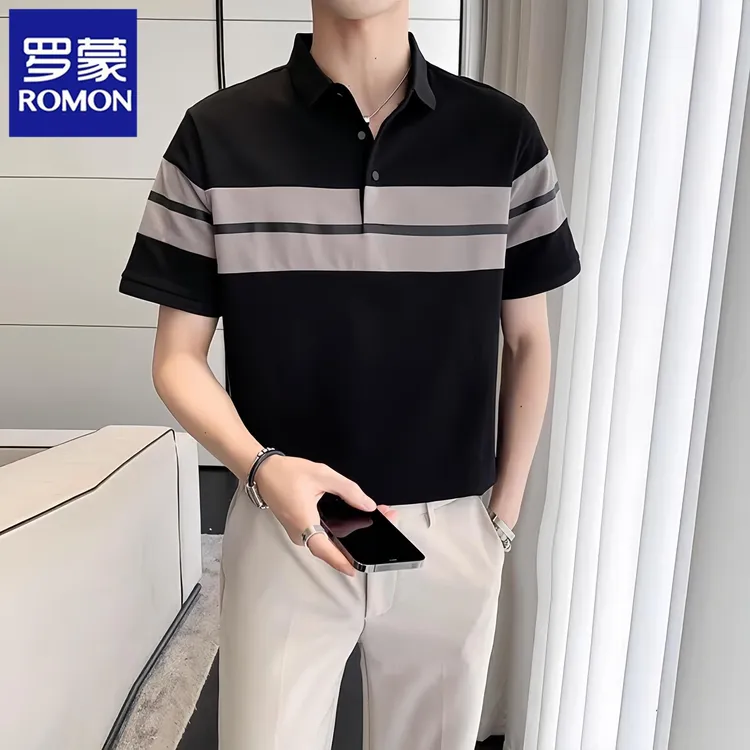 罗蒙新款男士polo衫2025夏季高端商务衬衫领短袖t恤条纹上衣服潮T
