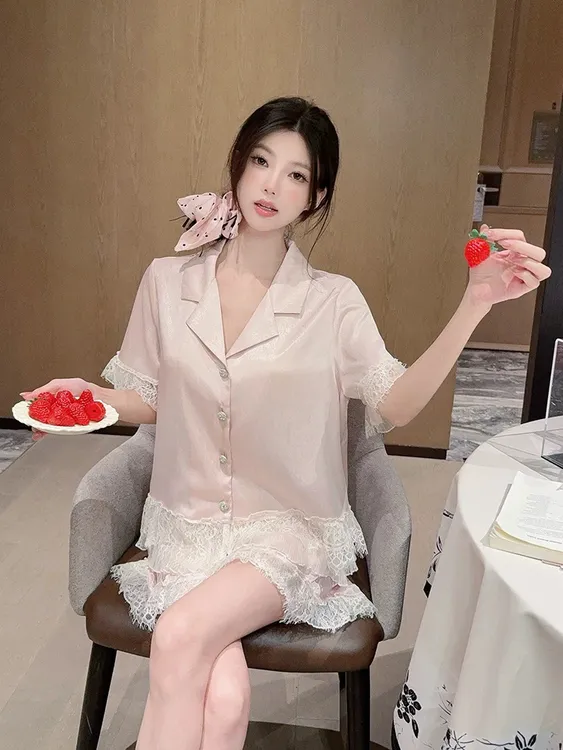 冰丝睡衣女款夏季2025年新款短袖短裤甜美蕾丝洋气爆款女士家居服