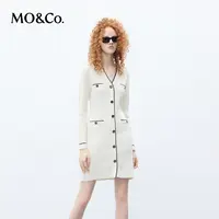 【贤哥专享】MOCO秋季小香风镶边V领高腰收腰针织连衣裙MBC3DRS048