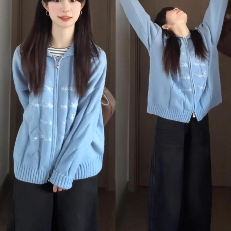 蓝色翻领毛衣外套女冬季2025新款韩系双拉链针织开衫慵懒软糯上衣