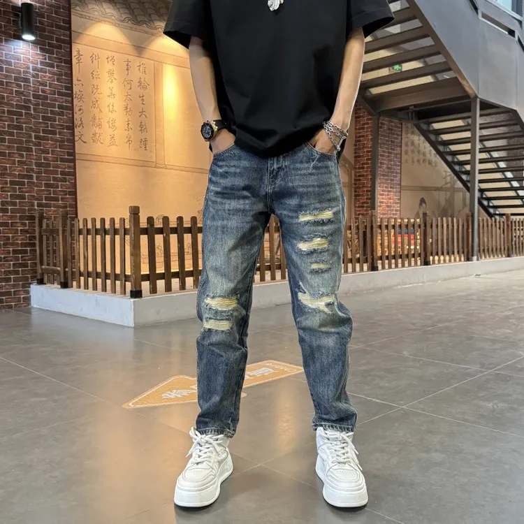 新款美式2025水洗做旧牛仔裤男士宽松直筒裤潮流阔腿裤秋季哈伦裤