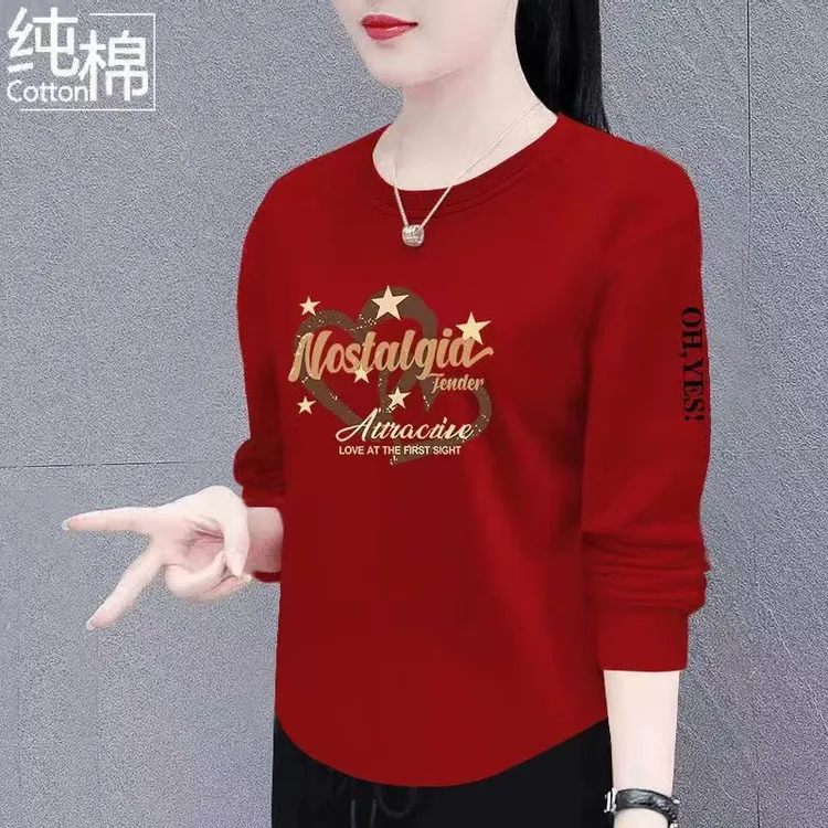 100%纯棉长袖t恤女秋季2025年新款百搭圆领体恤字母宽松大码上衣