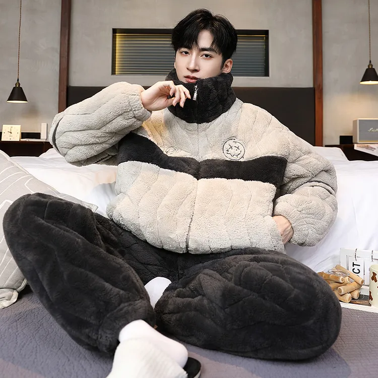 睡衣男士冬季三层加厚珊瑚绒夹棉保暖加绒法兰绒家居服套装可外穿