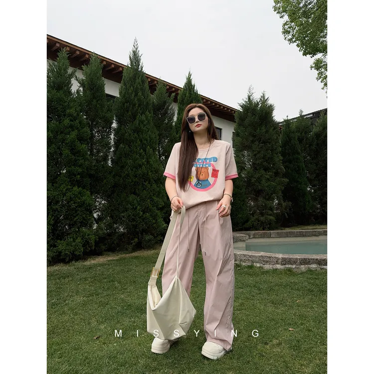 应小姐【进击的腿精】微胖大码显瘦设计感直筒百搭宽松抽绳休闲长裤