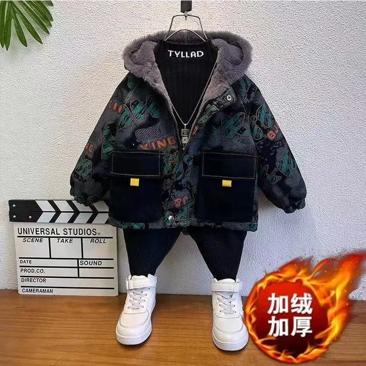 男童牛仔棉衣冬季新款男童加绒加厚保暖棉服男孩加棉工装卡通外套