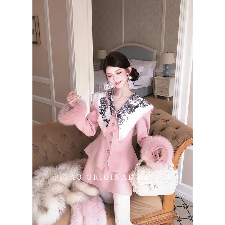 杜屁屁桃PITAO 原创【花漾甜心】秋冬千金风100绵羊毛毛呢外套A字裙