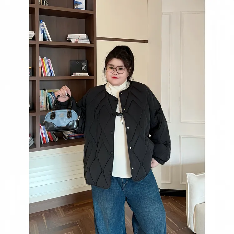 花契“庭绕暖烟”大码女装冬季百搭200斤胖mm时尚菱格棉服14138-X