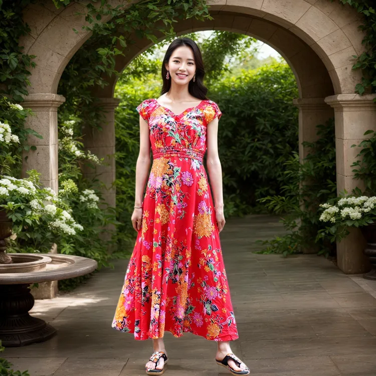 手工钉珠亮片连衣裙长款大摆裙仙女裙印花显瘦气质显瘦气质修身