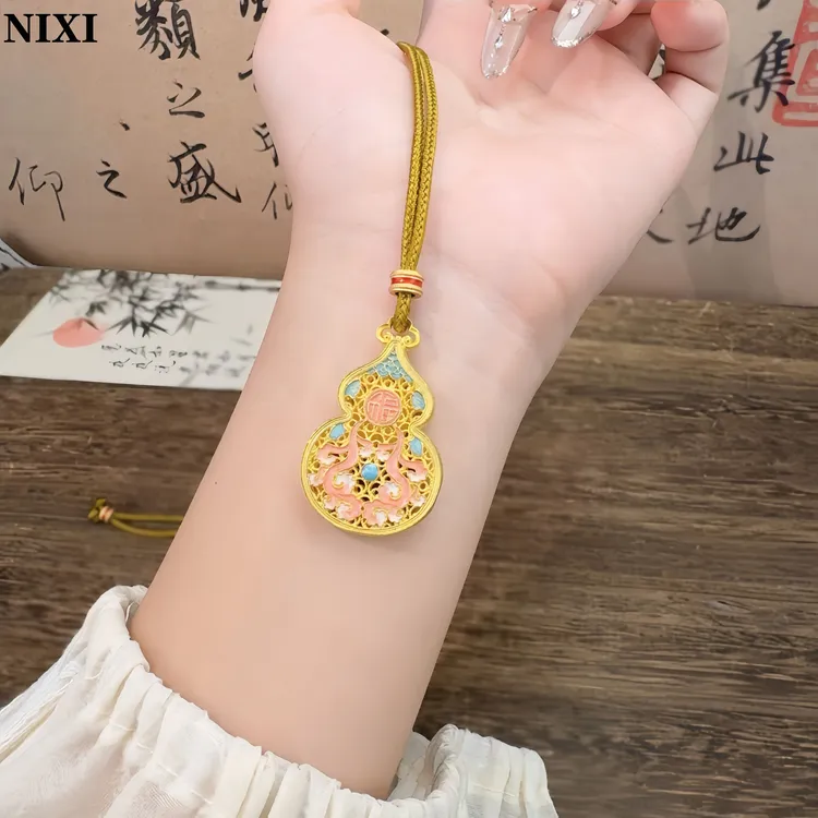 吊坠足银珐琅海棠葫芦项链足银999海棠花葫芦镀金吊坠女锁骨链