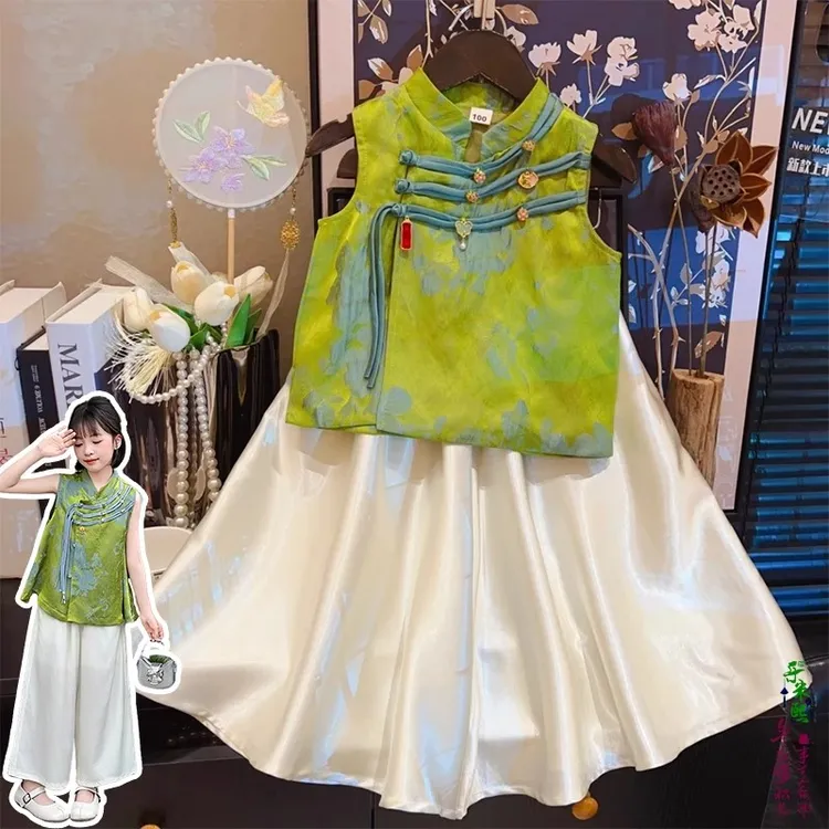 女童新中式旗袍阔腿裤套装2025夏款国风提花盘扣无袖裙裤古风薄款