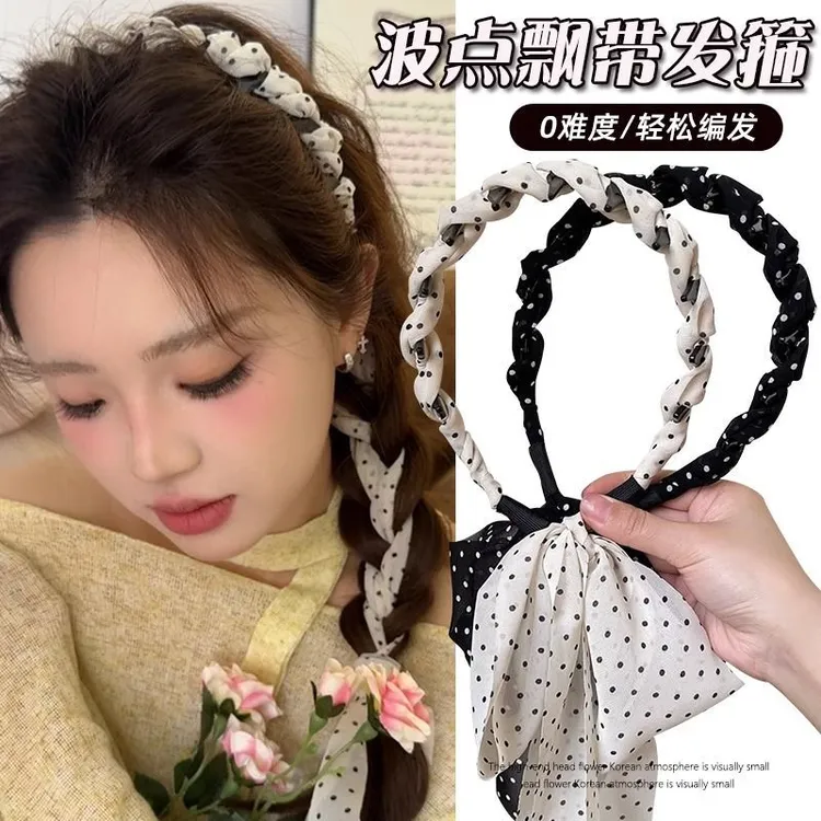 甜妹雪纺波点飘带发箍新款齿梳防滑高颅顶压发卡韩系麻花辫编发带