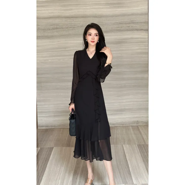 YUANBAO【清岚】春秋季时尚轻奢法式优雅气质V老钱风松弛感女装长裙