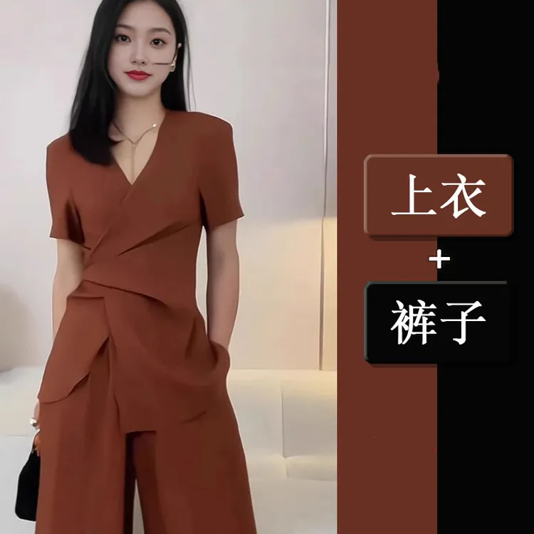 2025时尚西装套装女胖mm法式收腰V领设计感西服阔腿裤套装