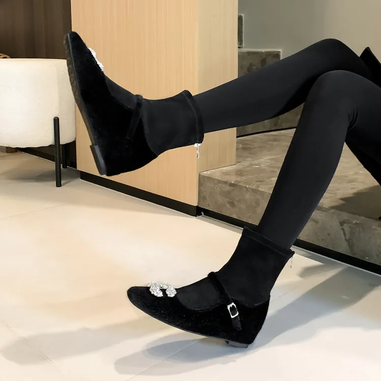 内增高5cm弹力靴法式短筒靴冬方头加绒厚黑美学短靴水钻款瘦瘦靴