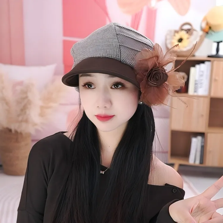 新款八角帽设计花朵贝雷帽女款韩版休息百搭千鸟格报童帽显脸小