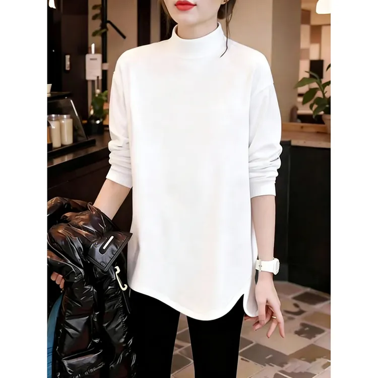 白色半高领加绒长袖打底衫女内搭2025秋冬新款宽松遮屁股中长上衣