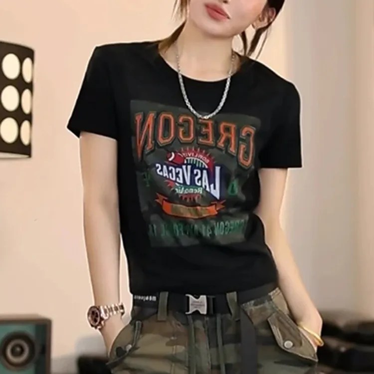 短款美式风高腰辣妹T恤女夏季2025新款小众印花打底短袖露脐上衣