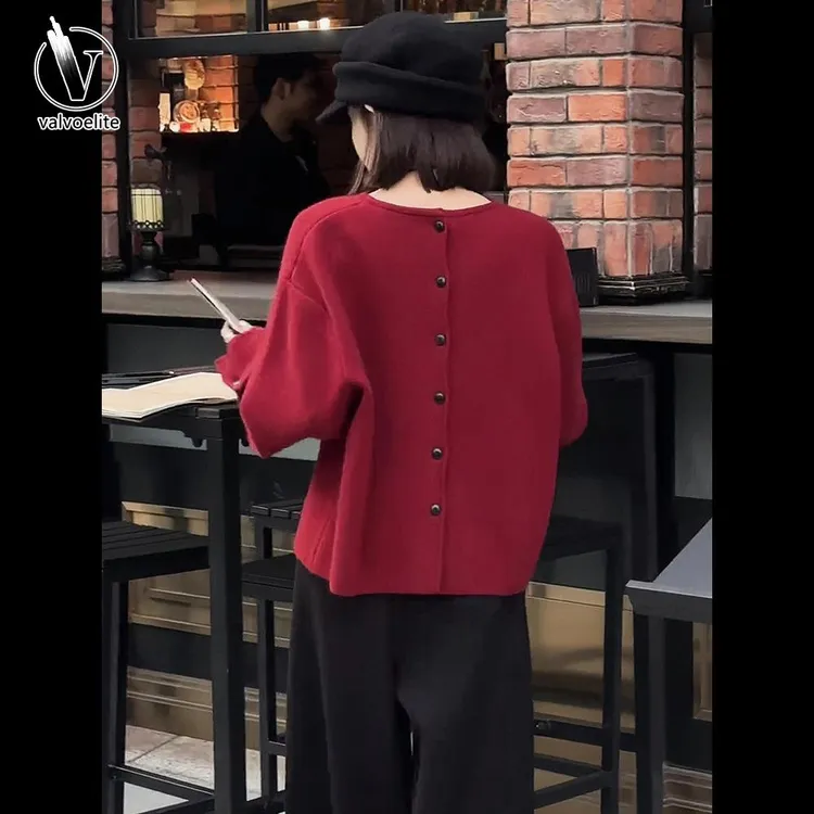 VALVOELITE背单排扣红色毛衣春装女款2025新款爆款慵懒高级感上衣
