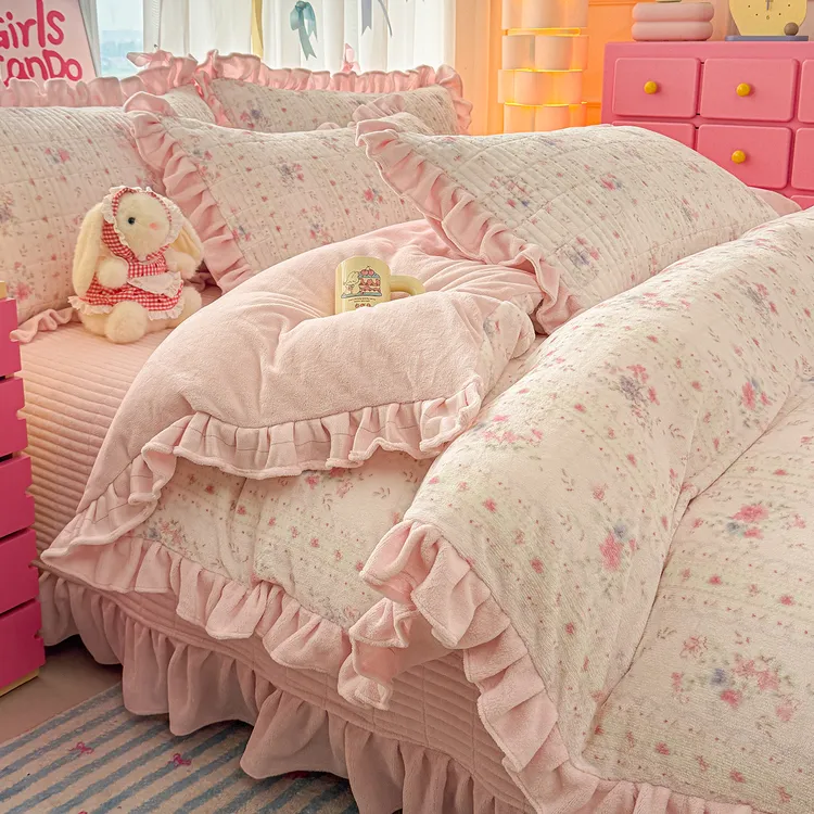 小碎花牛奶绒床上四件套加厚保暖毛绒床盖冬季床品被套床单三件套