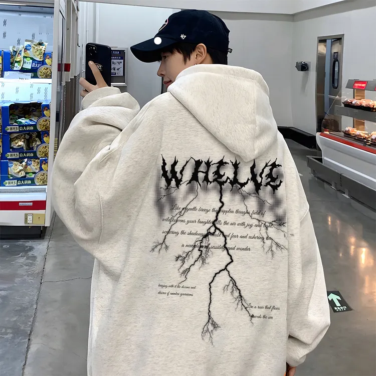 秋冬新款加绒加厚连帽卫衣炫酷嘻哈闪电印花潮牌宽松男装外套上衣