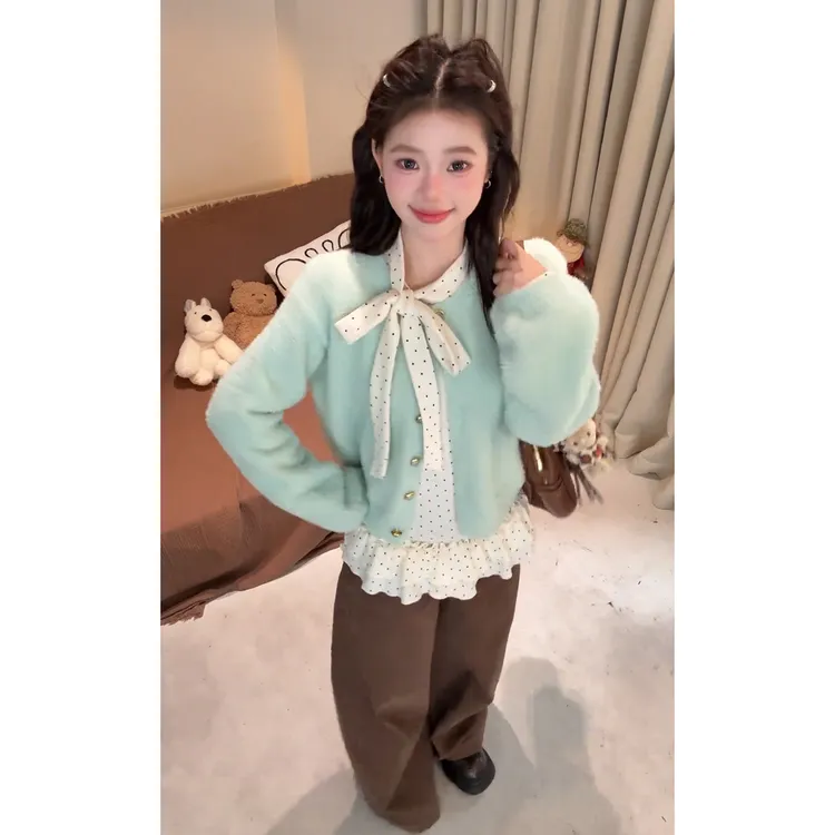 费尔岛薄荷绿色毛衣女2025新款冬季高级感针织开衫外套慵懒风套装