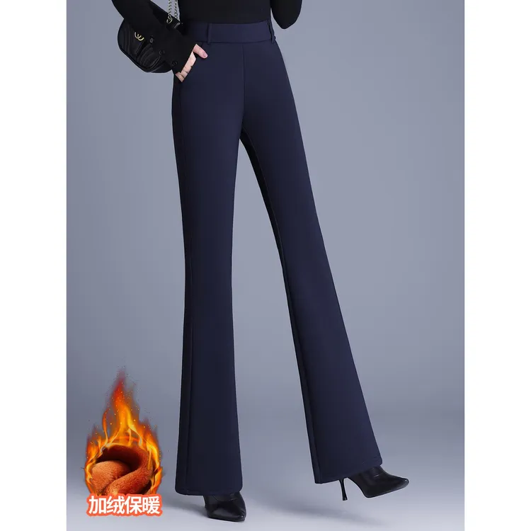 冬季新款加绒加厚微喇西装裤女弹力松紧腰大码胖mm高腰休闲喇叭裤