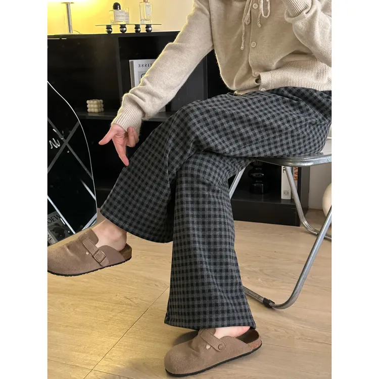 复古格子慵懒风阔腿裤女秋季大码胖mm梨形身材高腰宽松直筒休闲裤