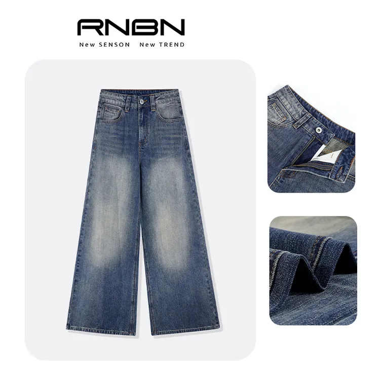 RNBN新款复古蓝时尚宽松阔腿裤高腰显瘦百搭休闲牛仔裤