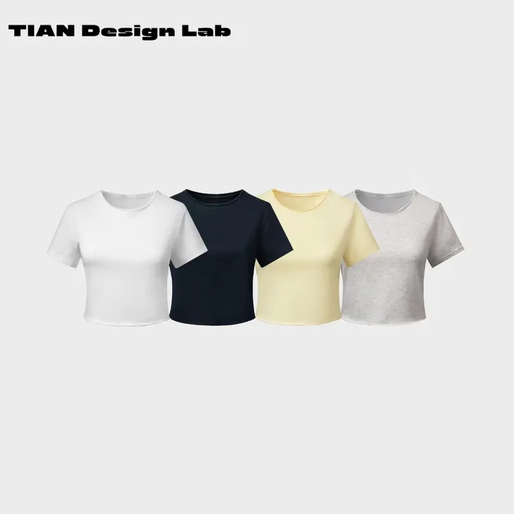 Tian design lab短袖卷边T恤女夏季露脐短袖上衣