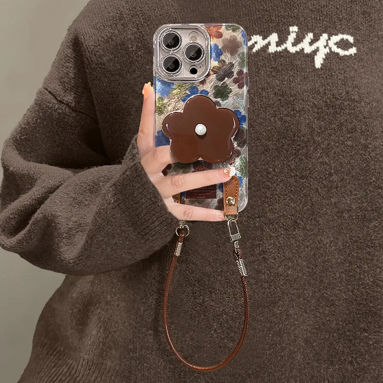 复古花支架适用苹果15华为vivo/oppo小米iPhone精孔冰川纹手机壳