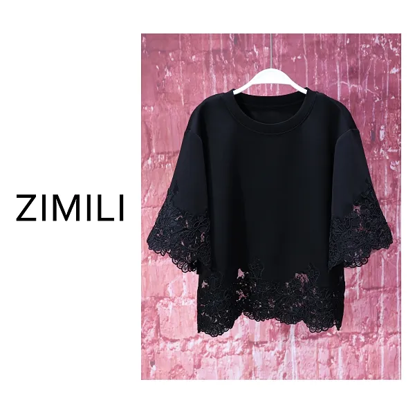 【亮哥女装】2025欧版《玄夜织锦》黑色拼接蕾丝气质休闲短袖8995-E0