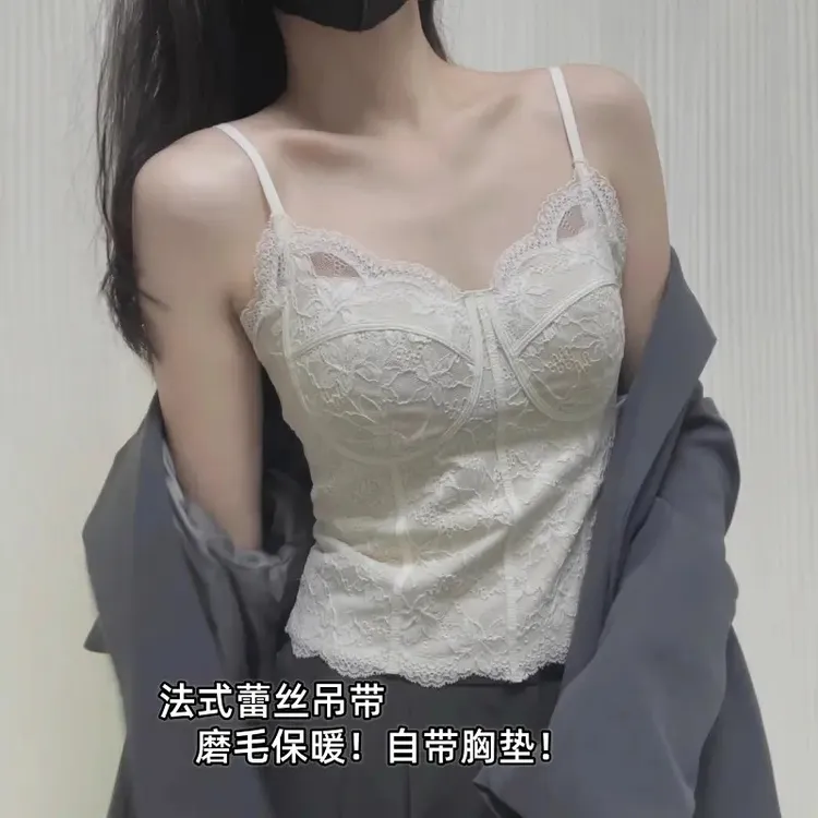 法式骨线蕾丝小吊带背心女纯欲风带胸垫性感修身内搭外穿美背上衣