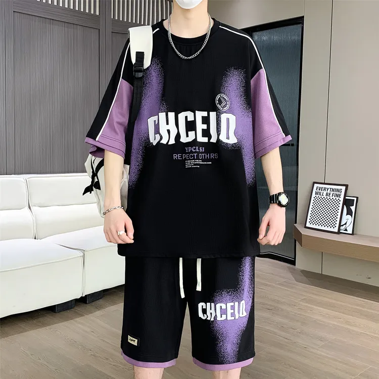 大码男装100-280斤冰丝短袖t恤男青少年夏装帅气短袖休闲运动套装