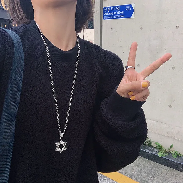 合金吊坠 六芒星项链吊坠潮男女ins嘻哈欧美长款吊坠毛衣链子饰品