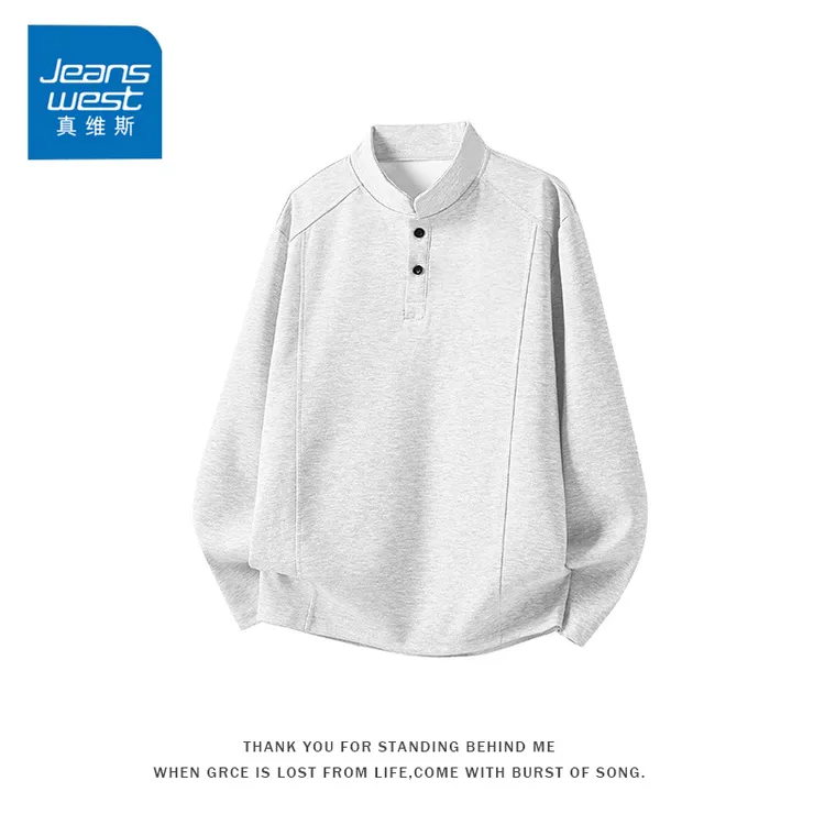 真维斯浅灰色亨利领长袖男秋季解构拼接正肩t恤美式情侣boxy外套