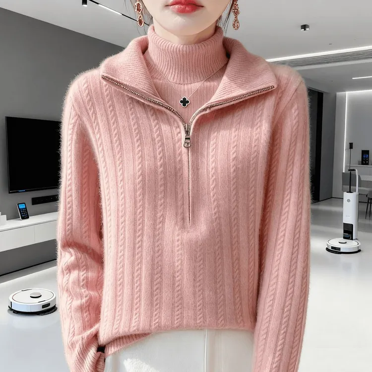 鄂尔多斯市纯100羊绒衫女半拉链半高领减龄厚款气质针织羊毛衫女