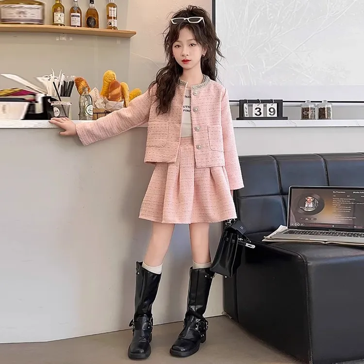 女童小香风套装裙2025新款儿童洋气韩版大童春秋装时尚百褶裙外套