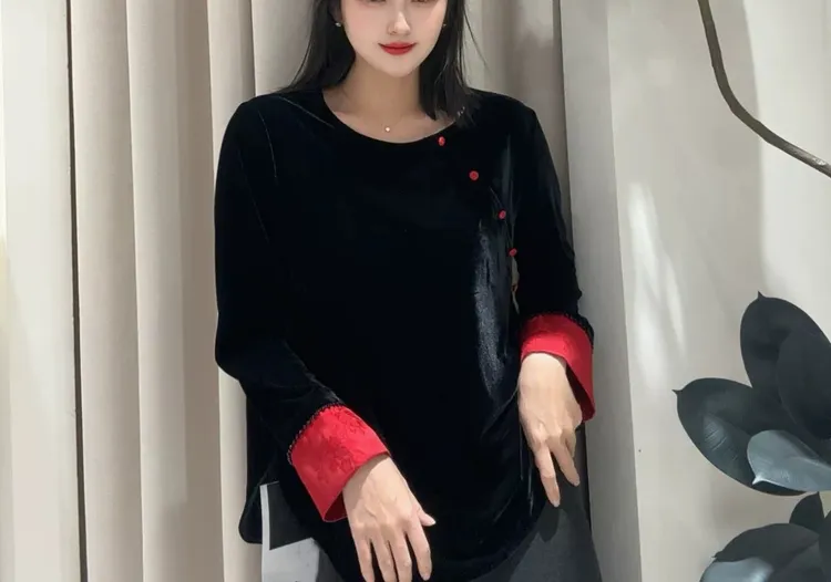 90包扣丝绒高端精致时髦百搭显瘦新中式国风丝绒气质减龄长袖上衣