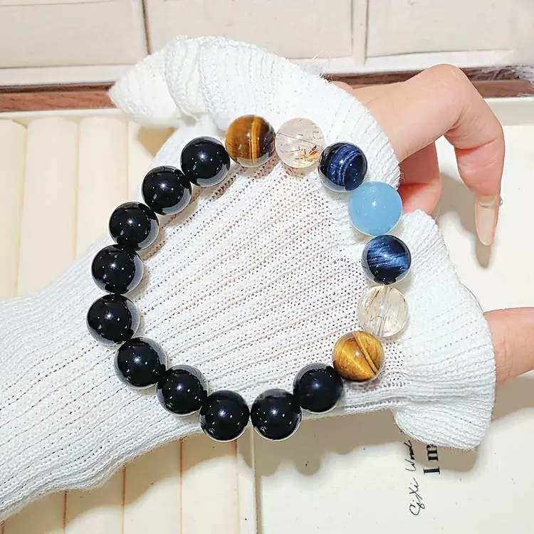 星耀【黑曜石金虎眼海蓝宝】天然宝石水晶设计款手串女款气质轻奢