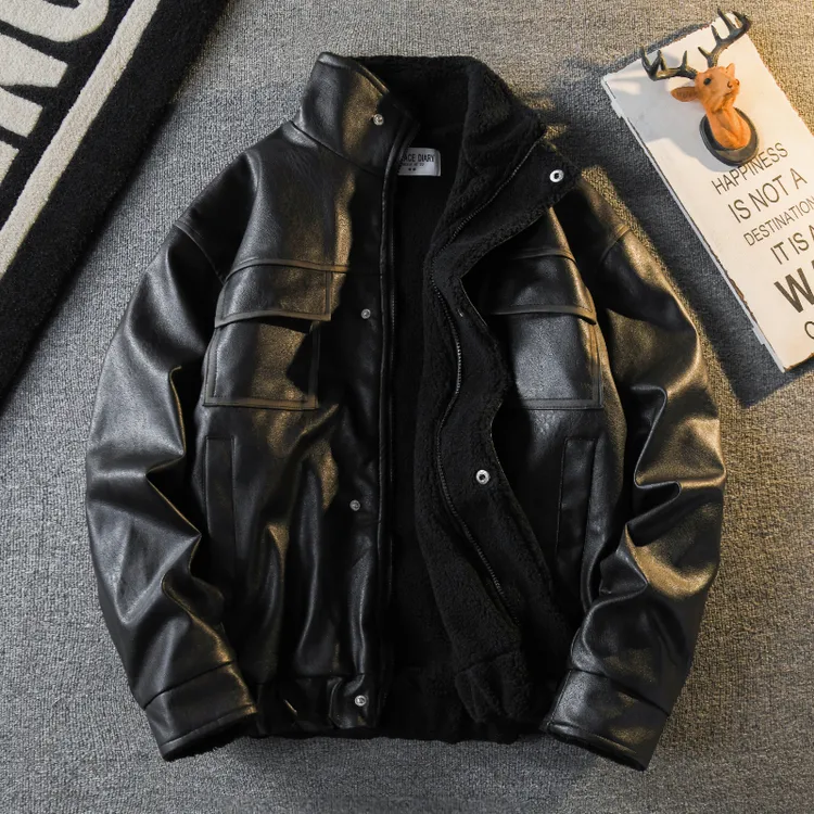 DeweLvum冬季潮牌美式复古休闲皮衣外套男加绒保暖棉服皮夹克男装