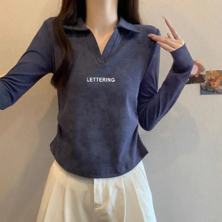 美式扎染POLO领长袖t恤女2025新款春秋季修身显瘦正肩打底衫上衣