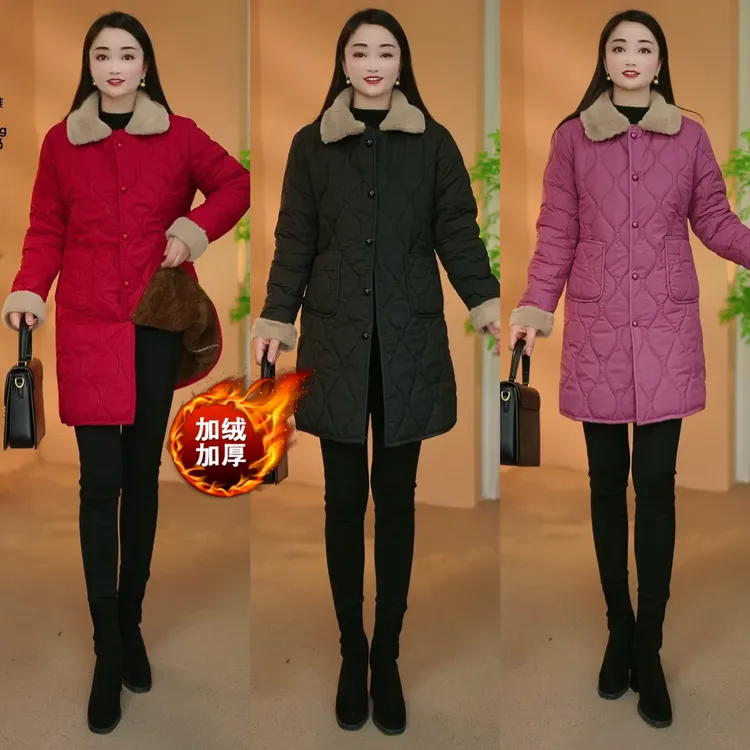 【衣雅严选】8243-2679#新款绒领加绒加厚保暖显瘦中长款棉服外套