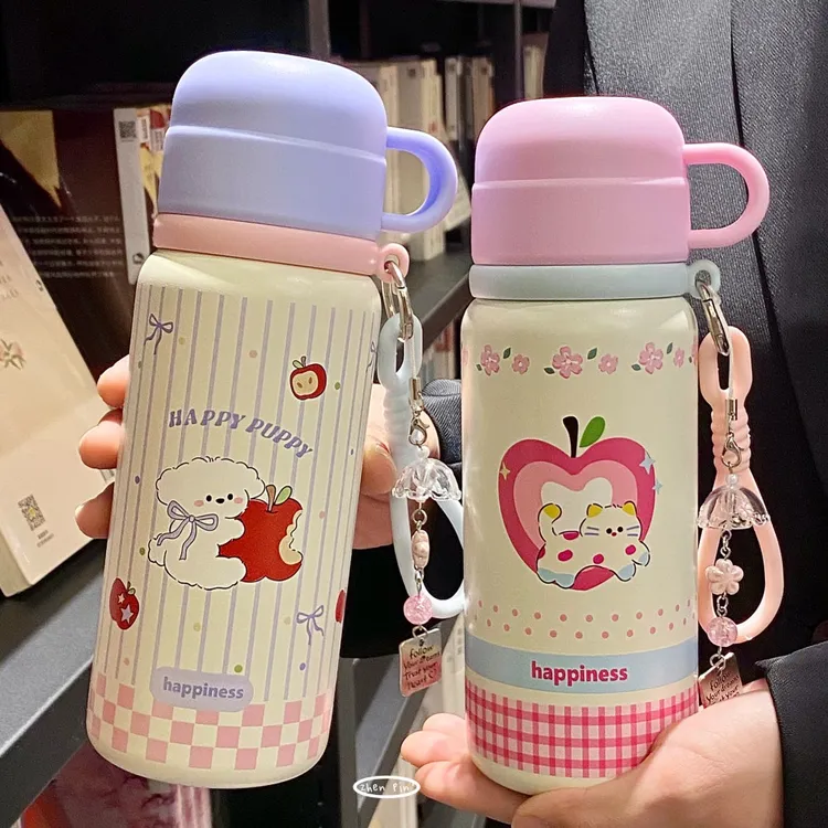 卡通风吸管杯简约保温杯保温防摔可爱网红学生水杯杯子创意大容量