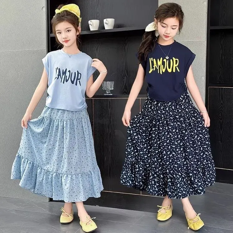 女童夏季碎花半身裙套装2025新款洋气儿童女大童女孩两件套夏装潮