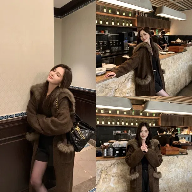 （浠儿家）慵懒风毛领长款毛衣外套秋冬新款时尚复古加厚针织大衣