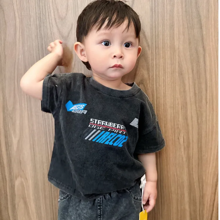 男童洋气卡通短袖T恤夏装新款中小童时髦做旧纯棉半袖衫上衣